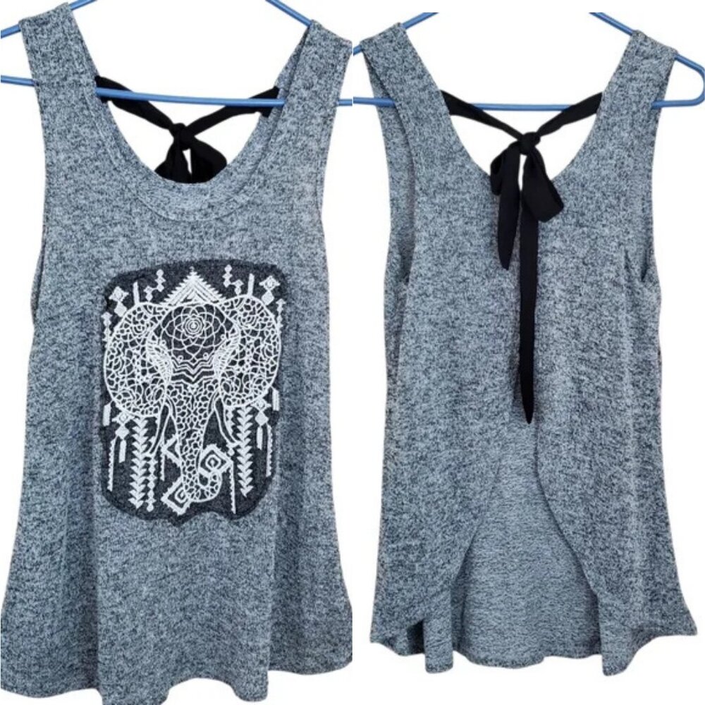 Womens Embroidered Tank Top‎ Size M Crochet Elephant Slit Back Stretch Bohemian
